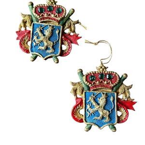 Vintage Set of 2 Coat of Arms Royal Elegant Gold and Red Holiday Ornaments